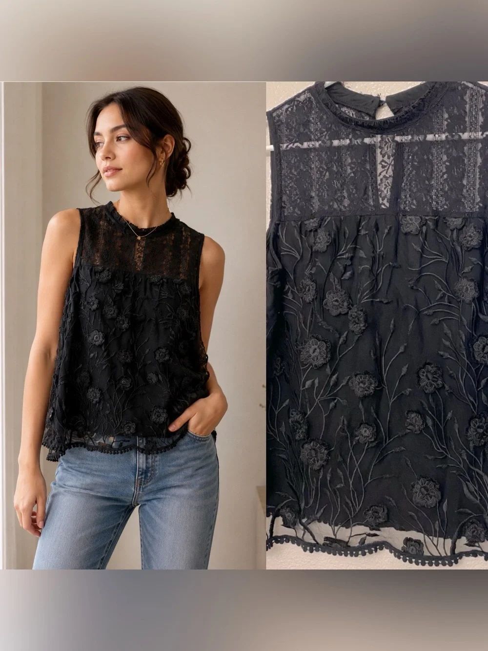 Adiva Black 3D Floral Lace Blouse Semi Sheer Mock Neck Fairycore Large
